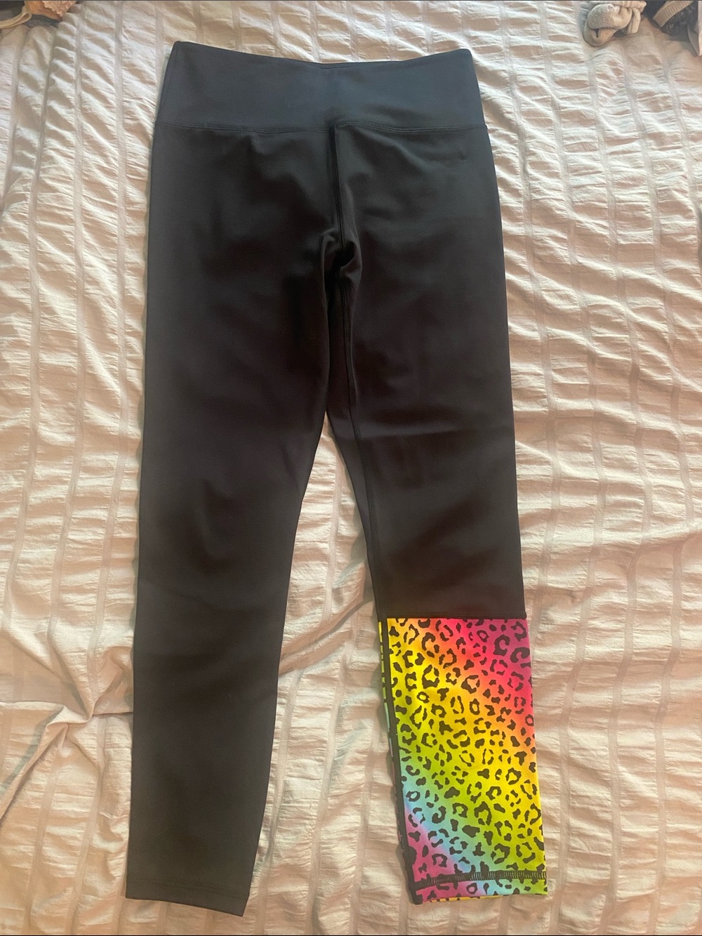 ZYIA Black Leggings with Rainbow Leopard Ankle Panel